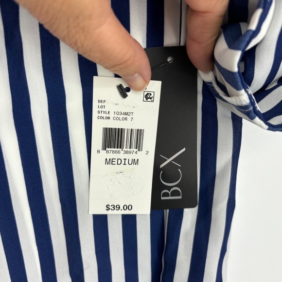 BCX Juniors Medium Button Front Shirt Blue White Stripe V-Neck Pockets Roll Tab - Picture 5 of 10